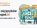 Ilustracja: robot i ludzie uczący się języków z pomocą AI, z dymkami dialogowymi.