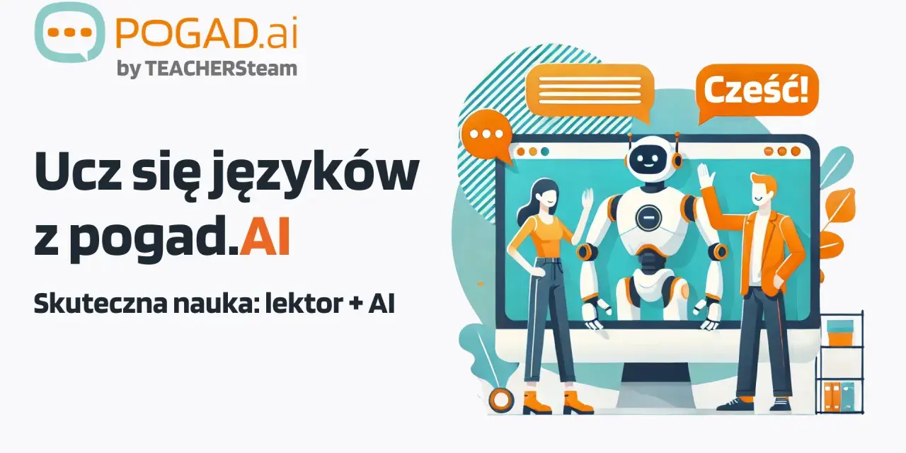 Ilustracja: robot i ludzie uczący się języków z pomocą AI, z dymkami dialogowymi.