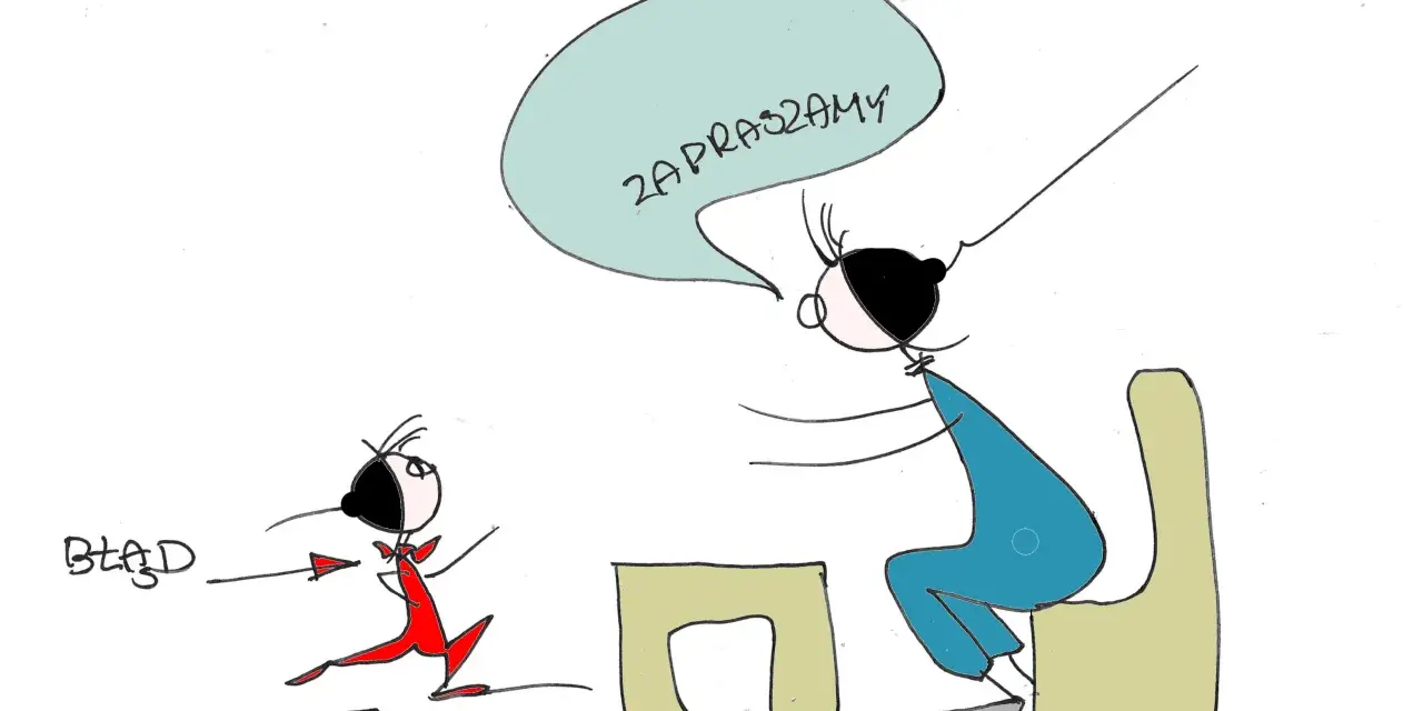 Rysunek: osoba w czerwonym ubraniu biegnie w stronę osoby siedzącej przy stole, która mówi "Zapraszamy".