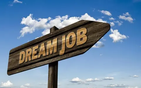 Drewniany drogowskaz z napisem "DREAM JOB" na tle błękitnego nieba z chmurami.