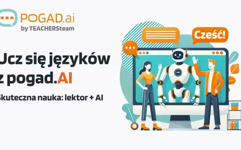Ilustracja: robot i ludzie uczący się języków z pomocą AI, z dymkami dialogowymi.