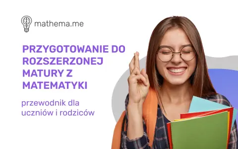 Uśmiechnięta dziewczyna z założonymi palcami, trzymająca książki, na tle tekstu o maturze z matematyki.