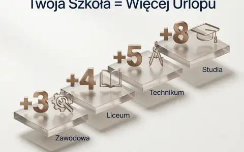 Schody z symbolami edukacji i latami stażu urlopowego: Zawodowa (+3), Liceum (+4), Technikum (+5), Studia (+8).