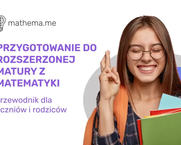 Uśmiechnięta dziewczyna z założonymi palcami, trzymająca książki, na tle tekstu o maturze z matematyki.
