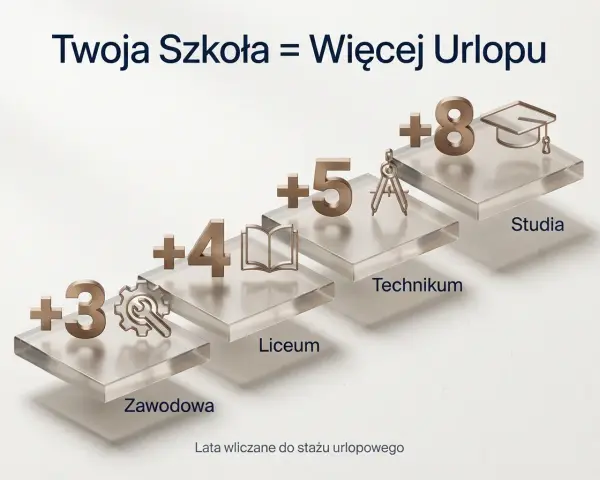 Schody z symbolami edukacji i latami stażu urlopowego: Zawodowa (+3), Liceum (+4), Technikum (+5), Studia (+8).