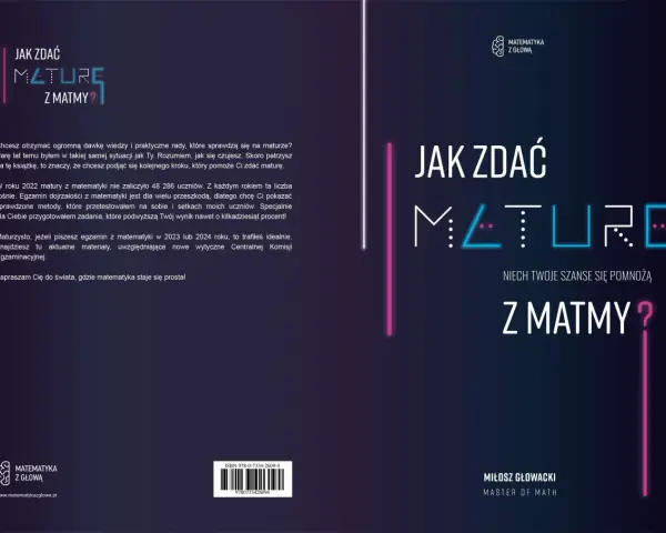 Grafika z napisem "Jak zdać maturę z matmy?", neonowe linie i logo "Matematyka z głową".