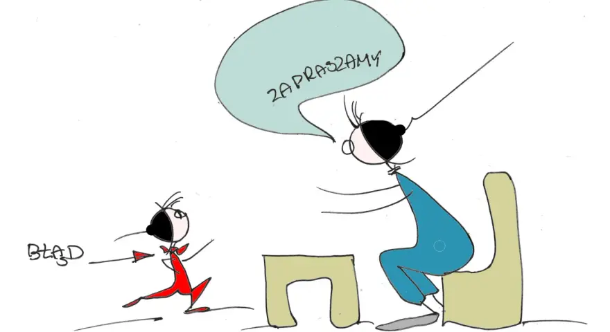 Rysunek: osoba w czerwonym ubraniu biegnie w stronę osoby siedzącej przy stole, która mówi "Zapraszamy".