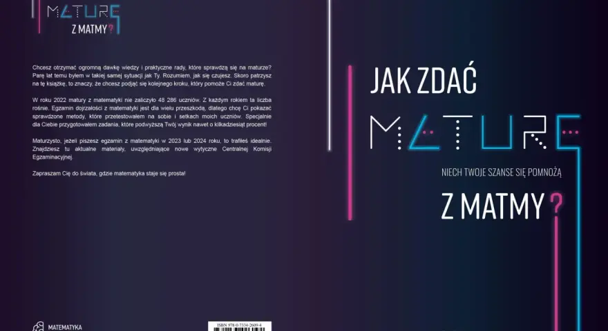 Grafika z napisem "Jak zdać maturę z matmy?", neonowe linie i logo "Matematyka z głową".