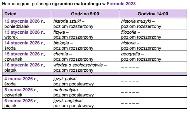 harmonogram matury 2026 tabela